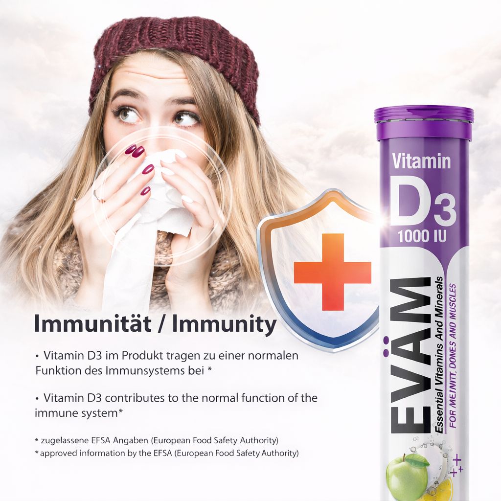 Frau mit Taschentuch neben Tube EVÄM Vitamin D3 Brausetabletten. Text: Immunität / Immunity. Schild mit Kreuz. Äpfel und Zitrone.