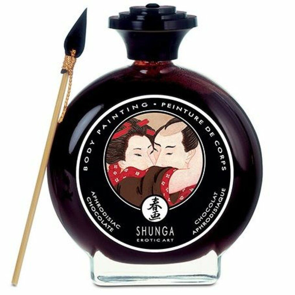 Runde Flasche mit dunkler Flüssigkeit. Etikett mit Paar-Illustration und Schriftzug SHUNGA. Mit Applikator.