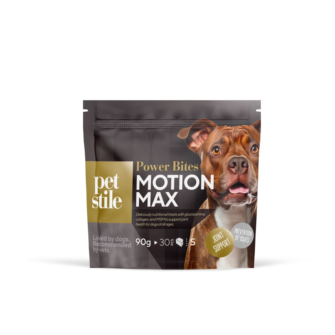 Produktverpackung, Power Bites Motion Max, 90g, S. Text: Joint Support, Prevention of Issues. Logo: petstile.