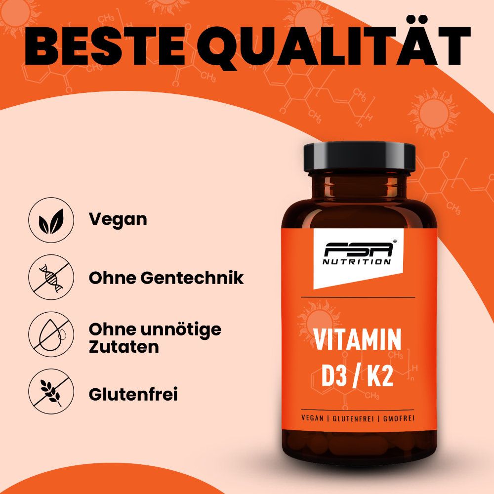 Braune Flasche FSA NUTRITION Vitamin D3 / K2. Text: Beste Qualität, Vegan, Ohne Gentechnik, Ohne unnötige Zutaten, Glutenfrei. Orangefarbener Hintergrund.