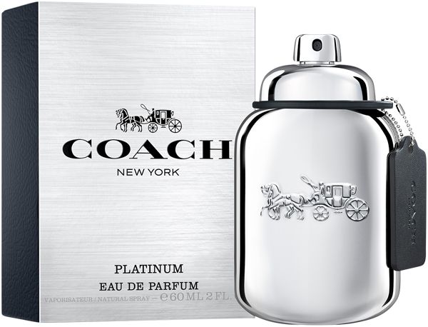 Coach Platinum Eau de Parfum Flakon und Verpackung, silberfarben.