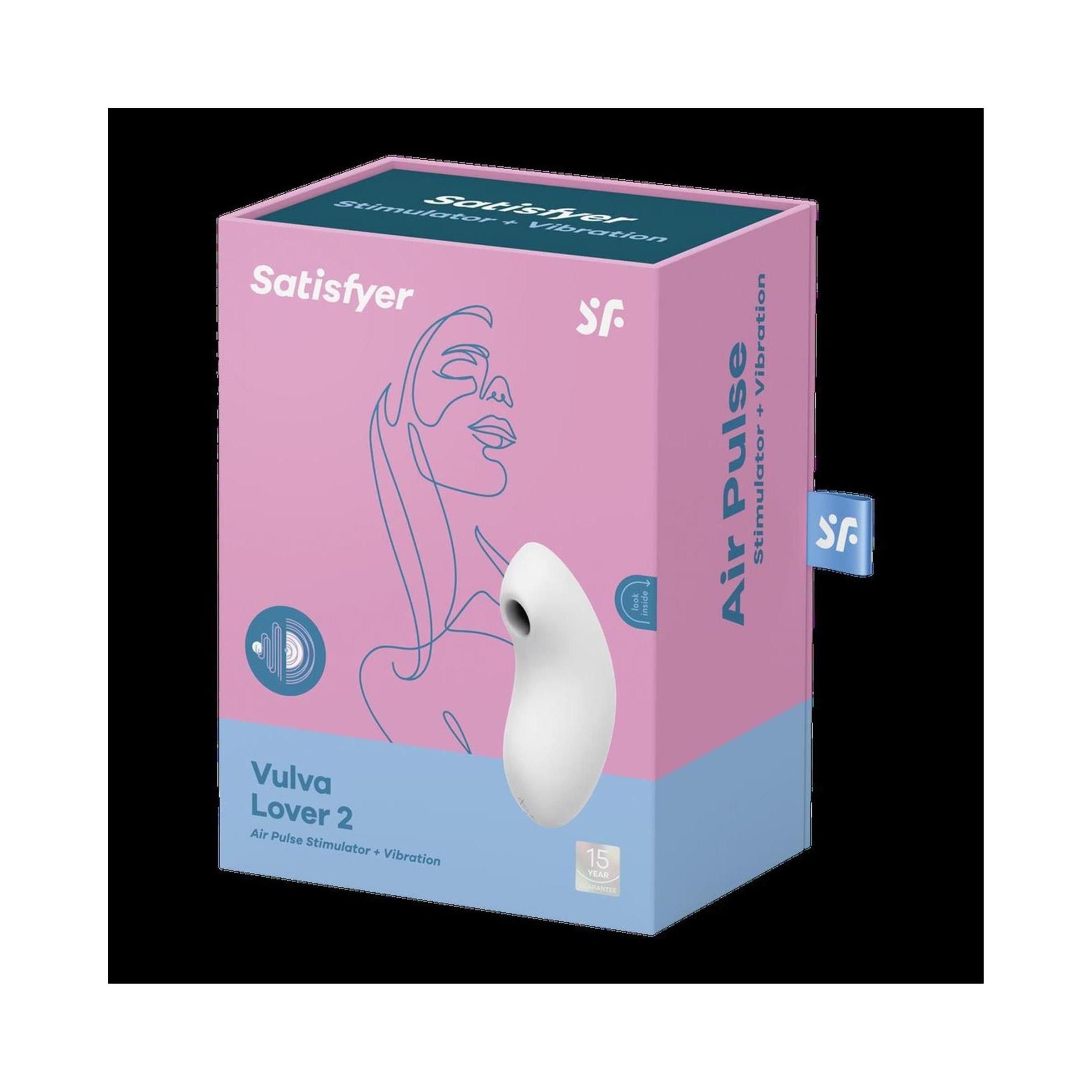 Rosa Verpackung mit Produkt. Aufschrift: Satisfyer, Vulva Lover 2. Produkt: Weißes, ovales Gerät mit Loch.