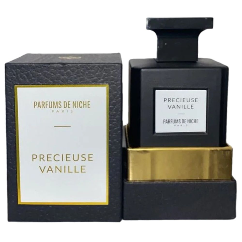 Schwarzer Flakon und Verpackung. Aufschrift: PRECIEUSE VANILLE, PARFUMS DE NICHE PARIS. Goldfarbene Akzente.
