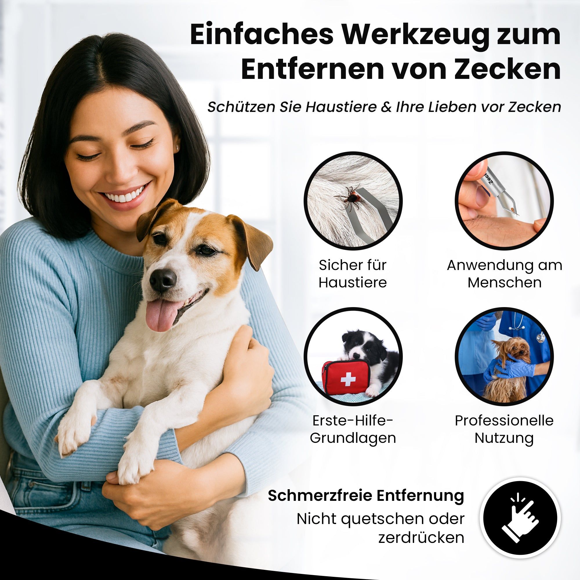 Eine Frau hält einen Hund. Text: "EINFACHES WERKZEUG ZUM ENTFERNEN VON ZECKEN. Schützen Sie Haustiere & Ihre Lieben vor Zecken".
