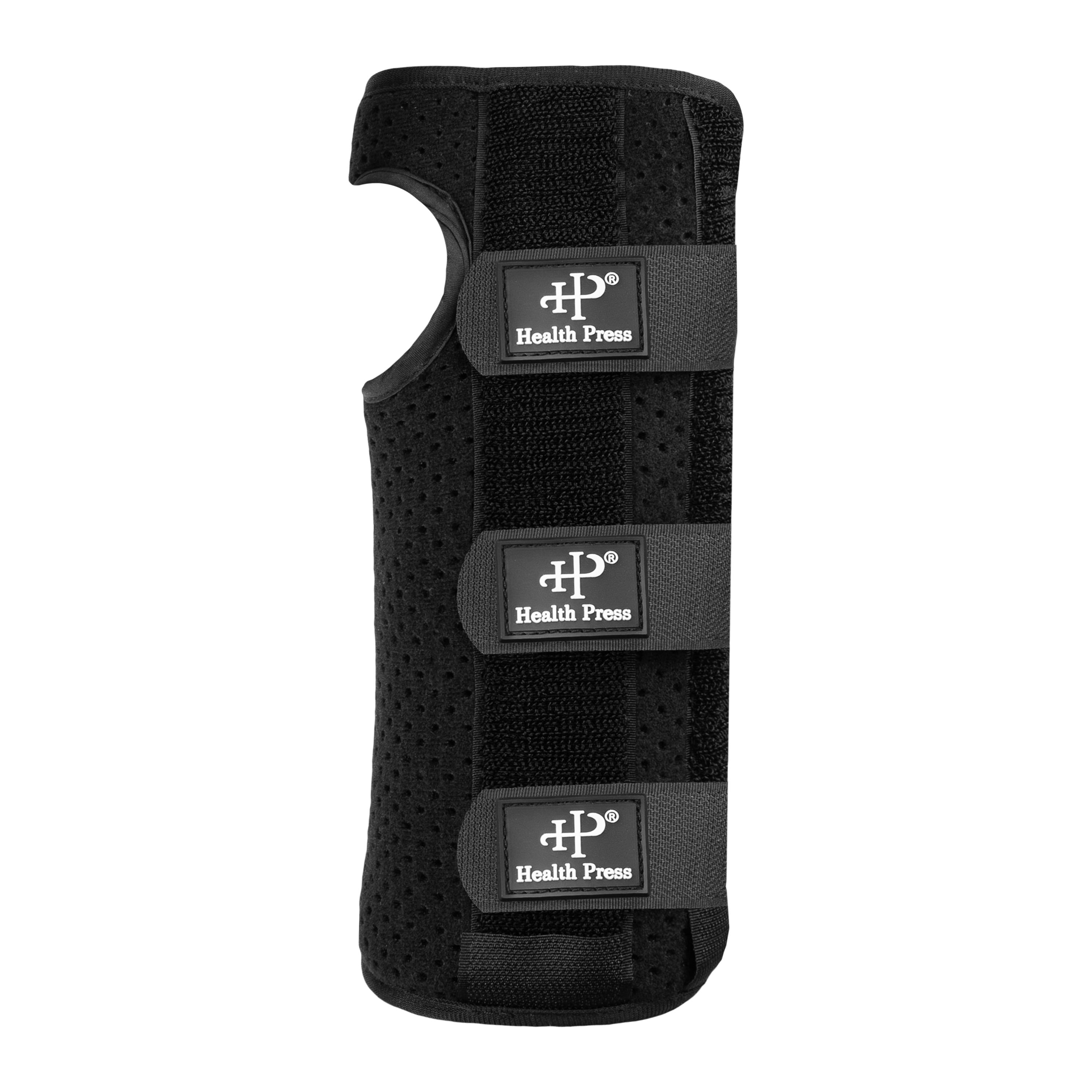 Schwarze Handgelenkbandage mit Klettverschlüssen und dem Logo Health Press. Perforiertes Material.