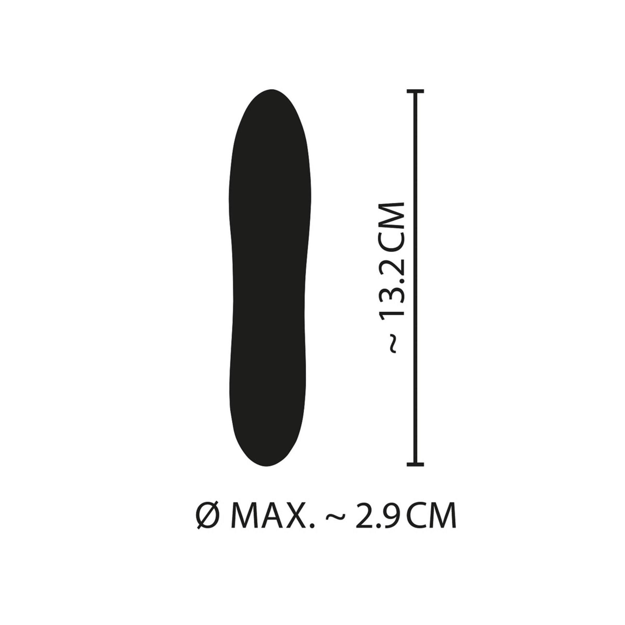 Schwarze Umrisszeichnung eines Vibrators. Längliche Form, Größenangaben.