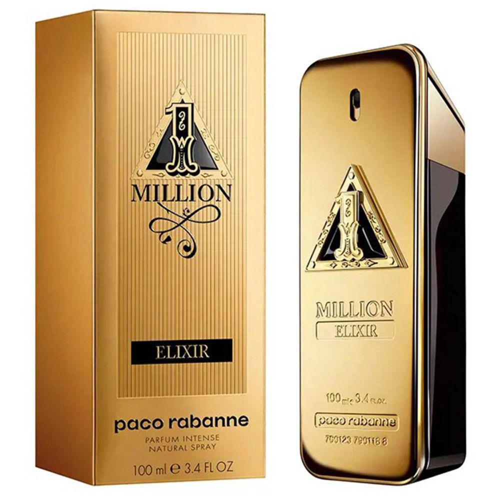 Goldfarbener Flakon und Verpackung. Aufschrift: Million Elixir, Paco Rabanne. Rechteckige Form, goldene Verpackung.
