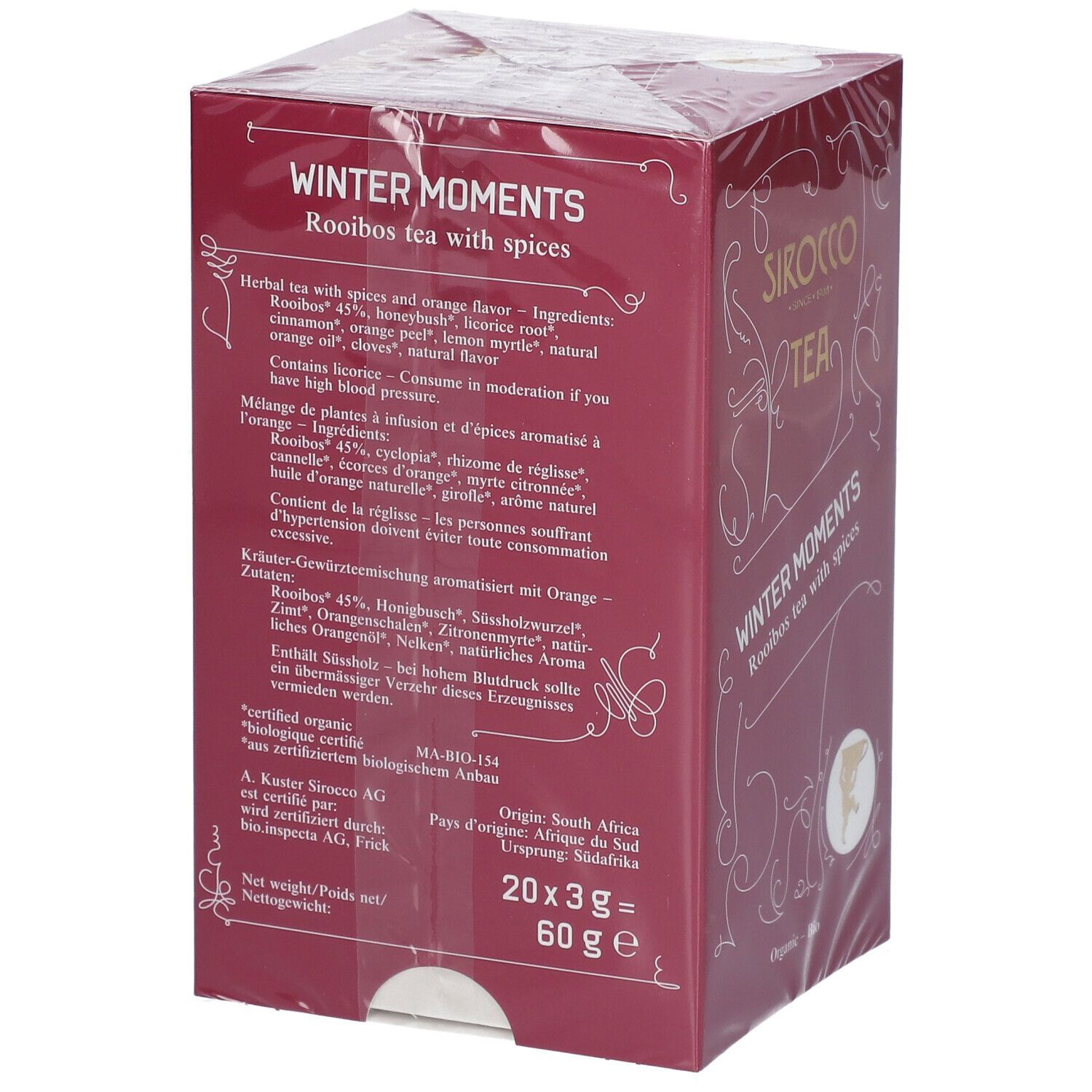 Verpackung "Sirocco Tea Winter Moments" mit Zutatenliste und Bio-Zertifizierung. 20x3g = 60g.