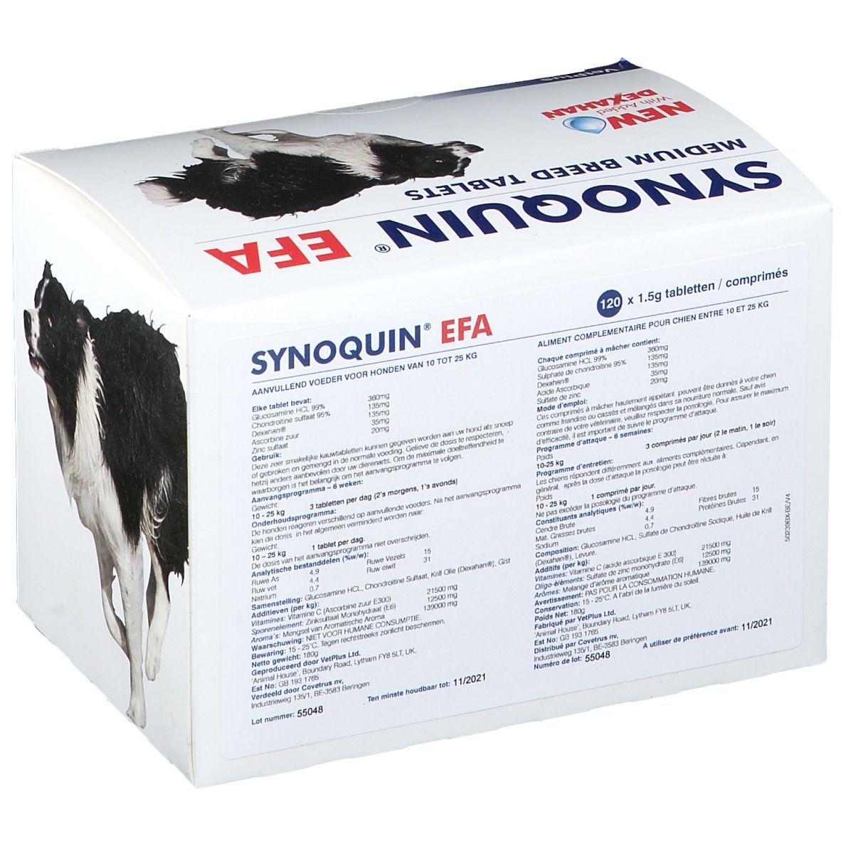 Weiße Verpackung mit Produktnamen und Hundebildern. Aufschrift: Synoquin EFA Medium Breed Tablets.