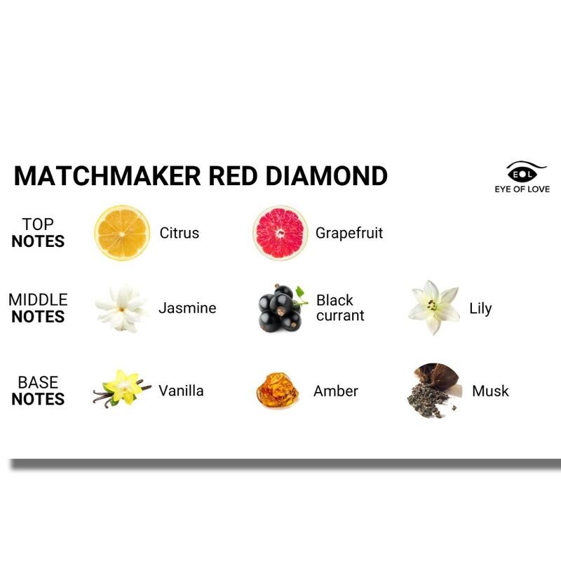 Infografik mit Duftnoten. Oben: Zitrone, Grapefruit. Mitte: Jasmin, Johannisbeere, Lilie. Unten: Vanille, Amber, Moschus.