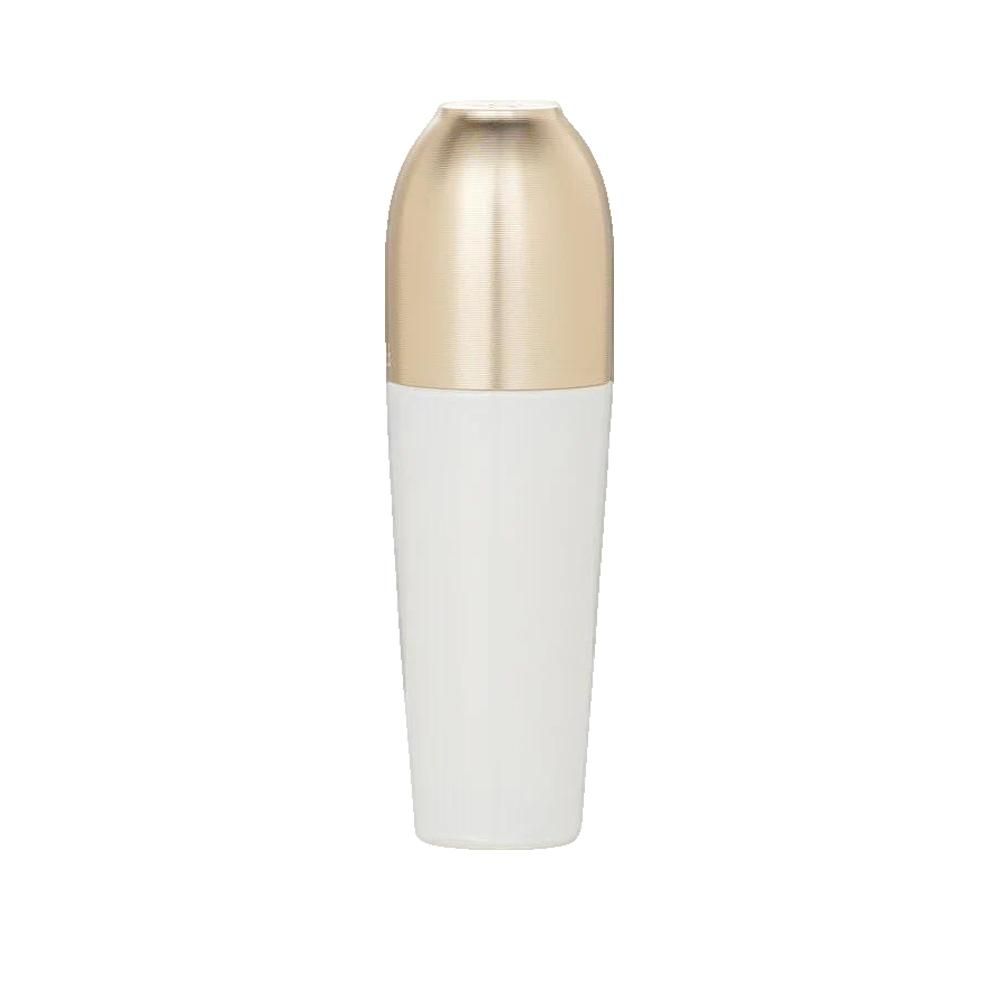 Weißes, ovales Serumfläschchen mit goldfarbenem Deckel. Der Deckel bedeckt die obere Hälfte. Auf weißem Hintergrund.