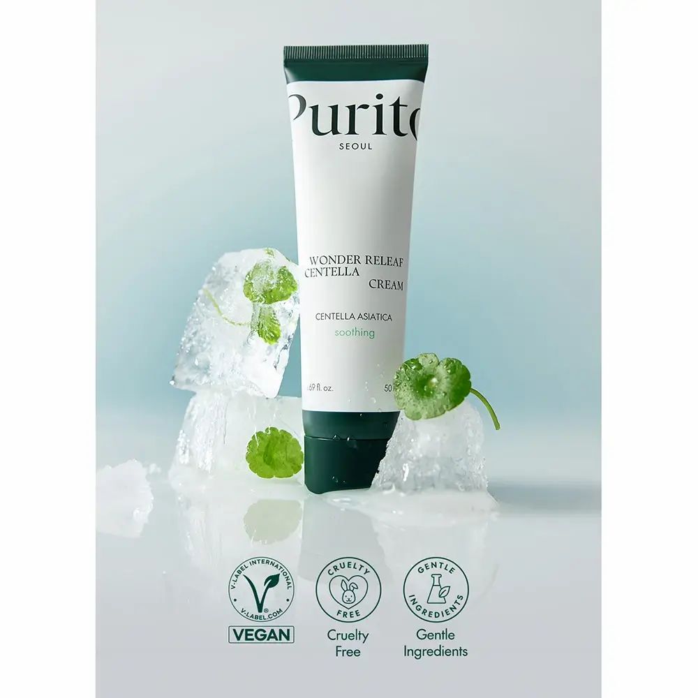 Creme-Tube mit grünen Blättern und Eiswürfeln. Aufschrift: PURITO, Wonder Releaf Centella Cream.