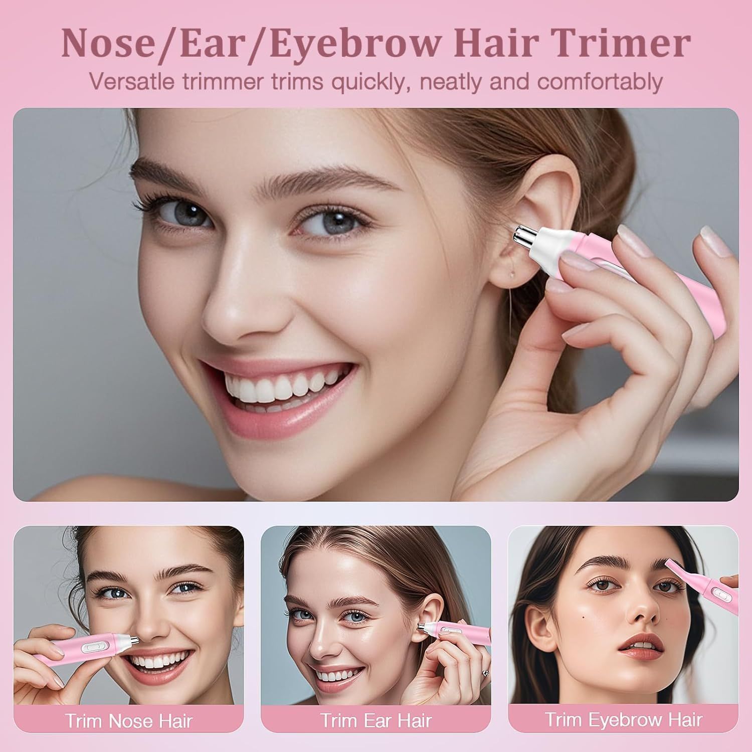 Rosa Nasenhaartrimmer. Frau trimmt Haare an Nase und Ohren. Zusätzliche Bilder zeigen das Trimmen von Nase und Augenbrauen.