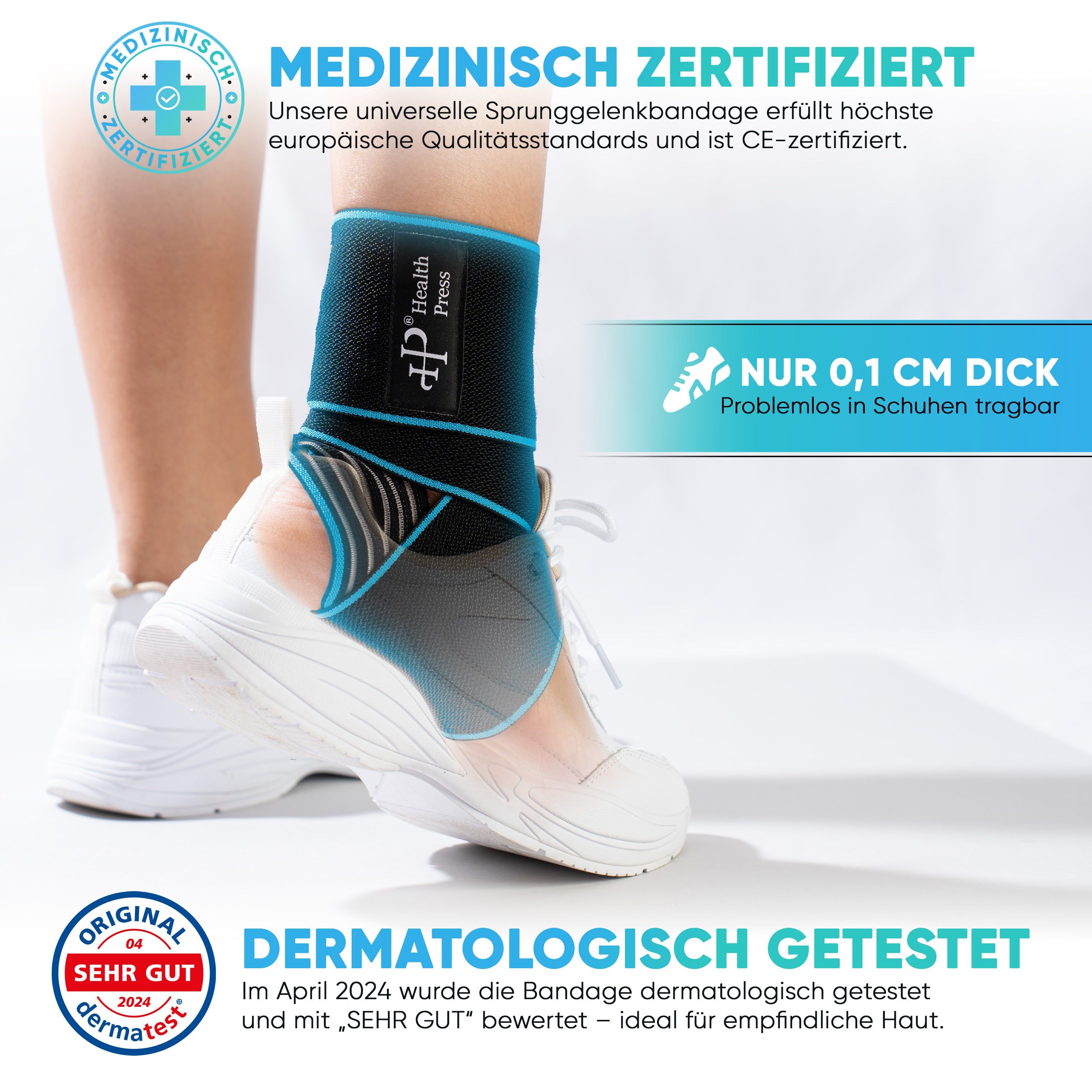 Knöchelbandage am Bein. Text: Medizinisch zertifiziert, nur 0,1 cm dick, dermatologisch getestet. Logo: Health Press.