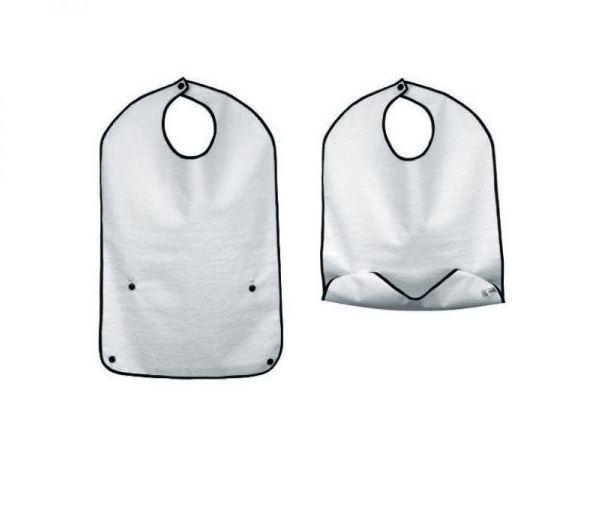 Zwei weiße Esslätze mit schwarzem Rand. Oben Loch, unten gefaltet.