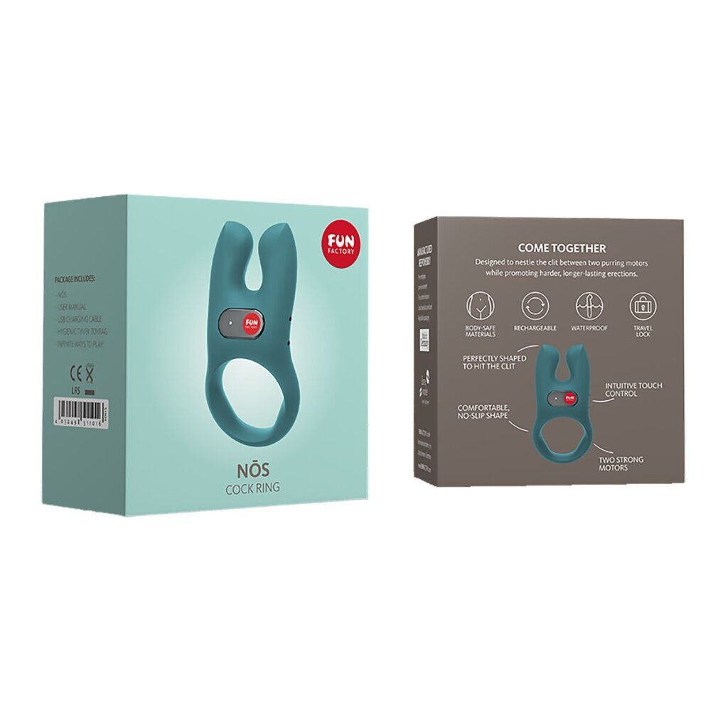 Verpackung mit türkisfarbenem Penisring. Produktname: NŌS COCK RING. FUN FACTORY Logo. Produktinformationen.