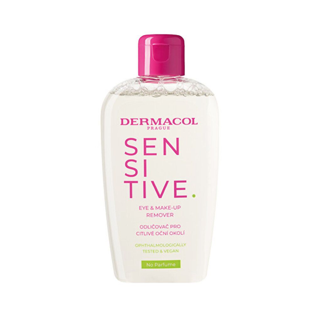 Weiße Flasche mit rosa Verschluss. Produktname und Text: Sensitive Eye & Make-up Remover. Text: Ohne Parfum.