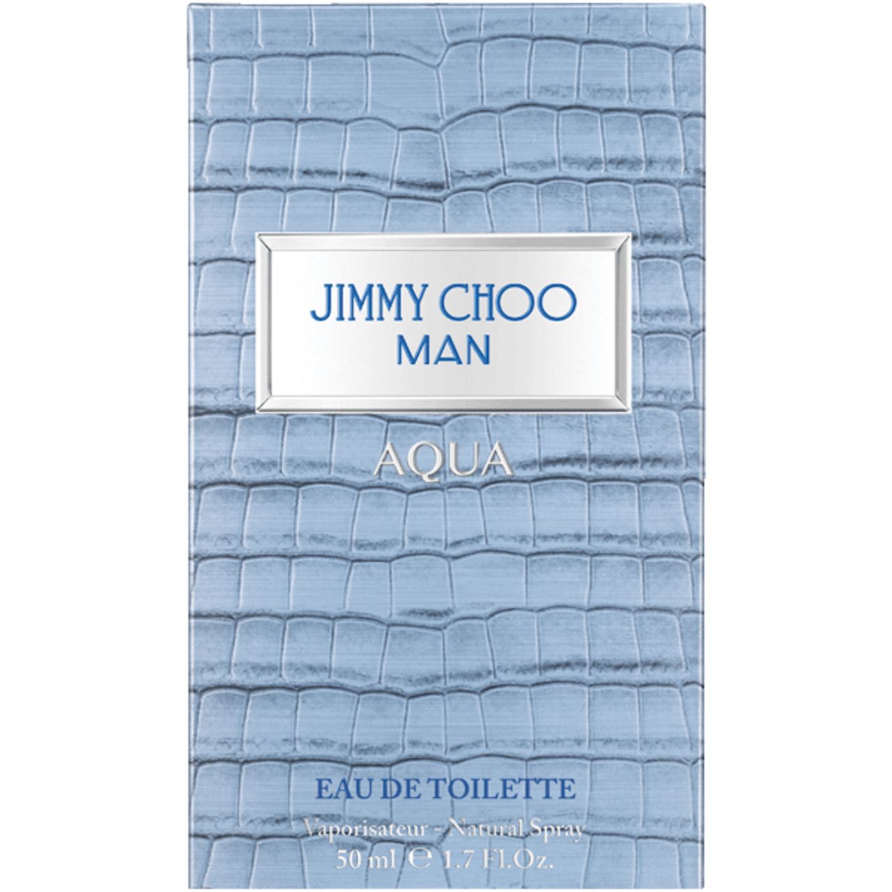 Hellblaue Verpackung mit Prägung. Aufschrift: JIMMY CHOO MAN AQUA. Text: Eau de Toilette, 50 ml.