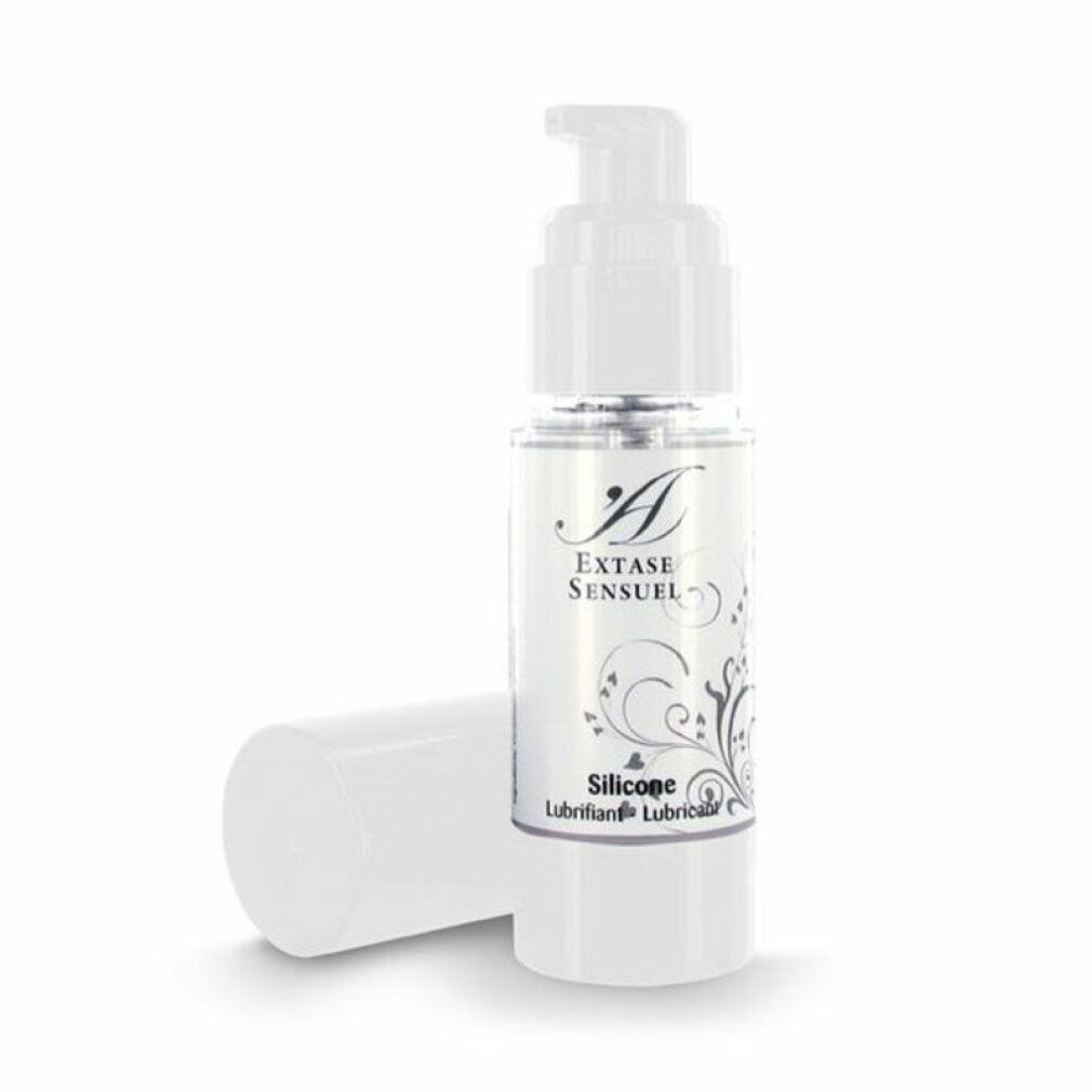 Silikongleitgel-Flasche mit weißem Pumpkopf und separater Kappe. Aufschrift: Extase Sensuel, Silicone, Lubricant.