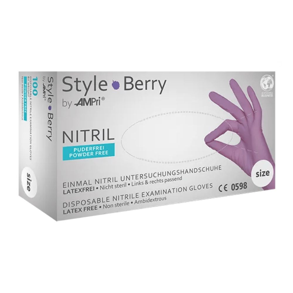 Verpackung von Style Berry Nitril-Untersuchungshandschuhen, puderfrei, 100 Stück.