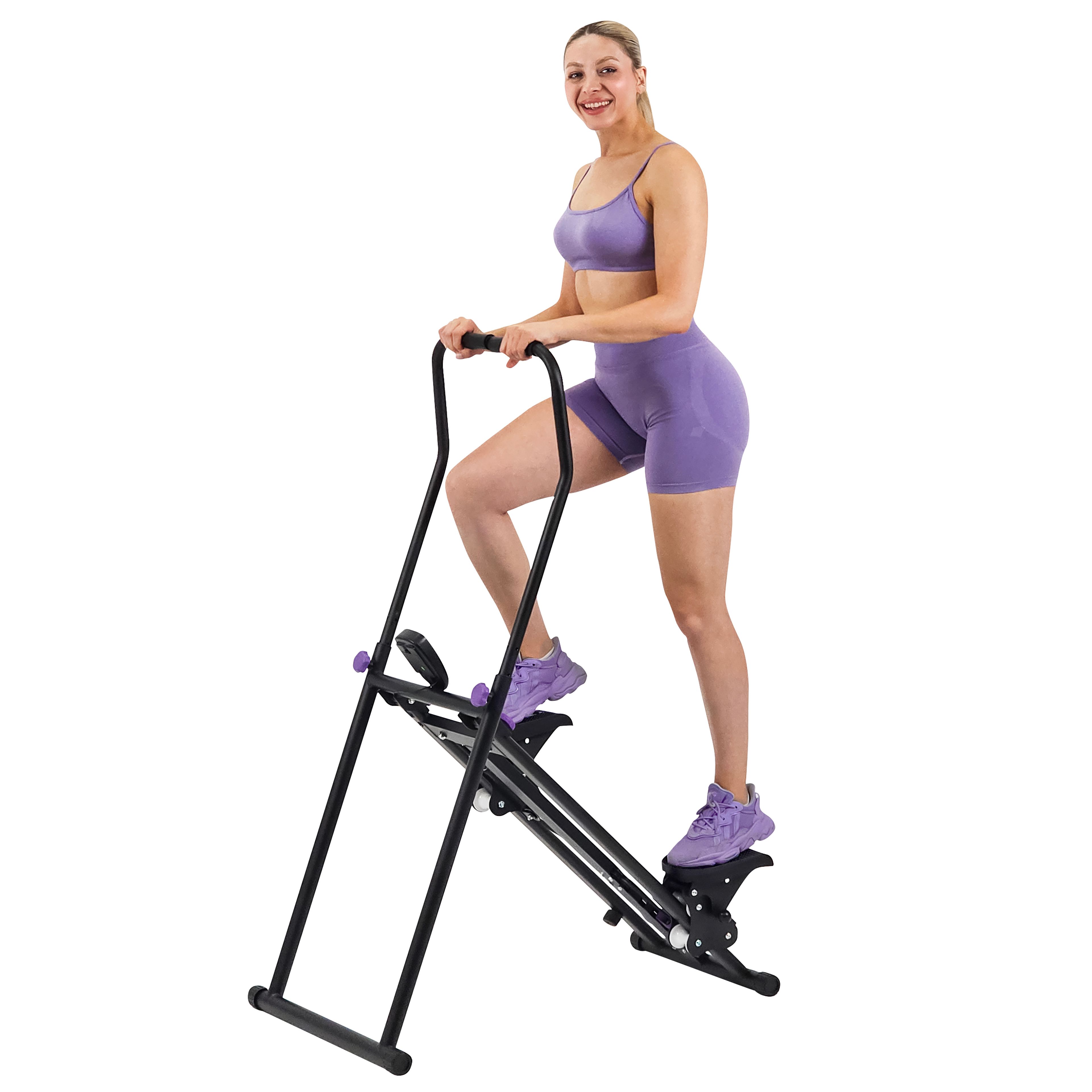 Crosstrainer Climber 1000. Schwarzer Rahmen, lila Akzente. Person trainiert. Griffe, Pedale, digitales Display. Frau in Sportkleidung.