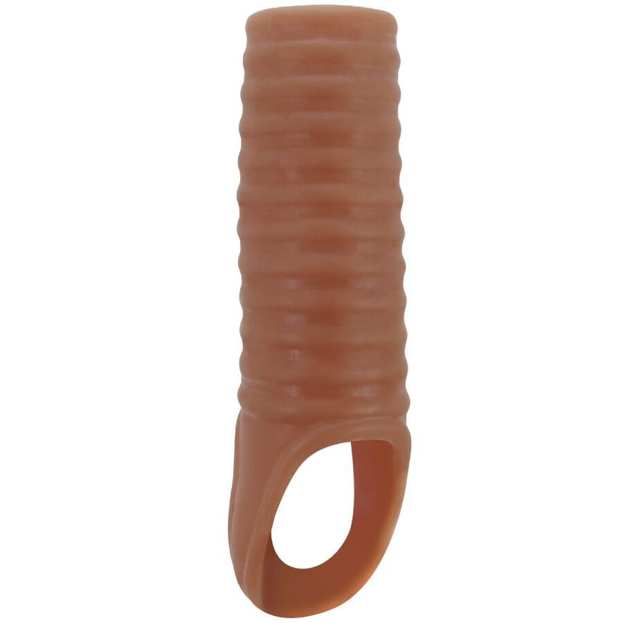 Penishülse aus braunem Material mit geriffelter Oberfläche und Öffnung.