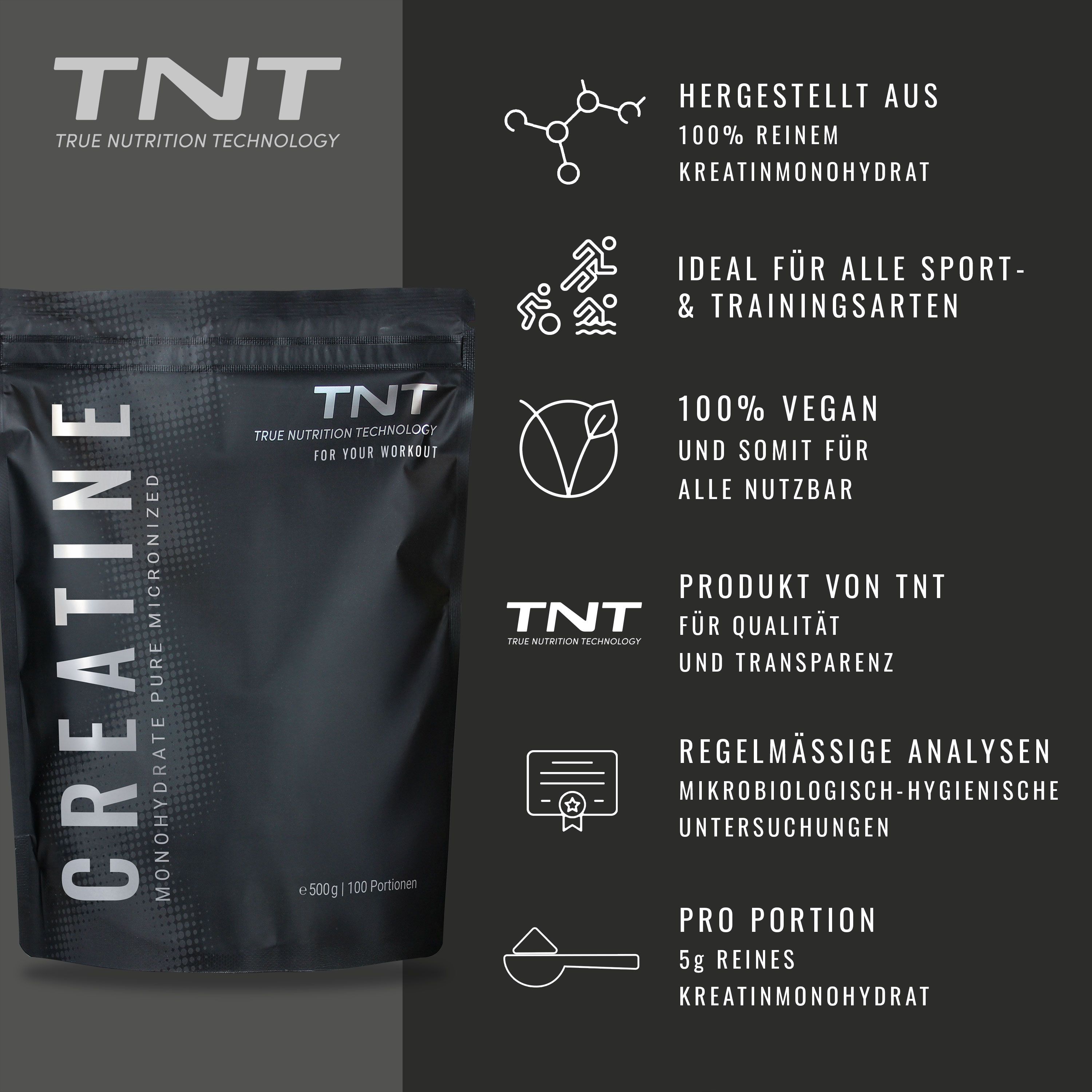 Verpackung "TNT Creatine". Text: Hergestellt aus 100% reinem Kreatinmonohydrat. 100% vegan. Pro Portion 5g.