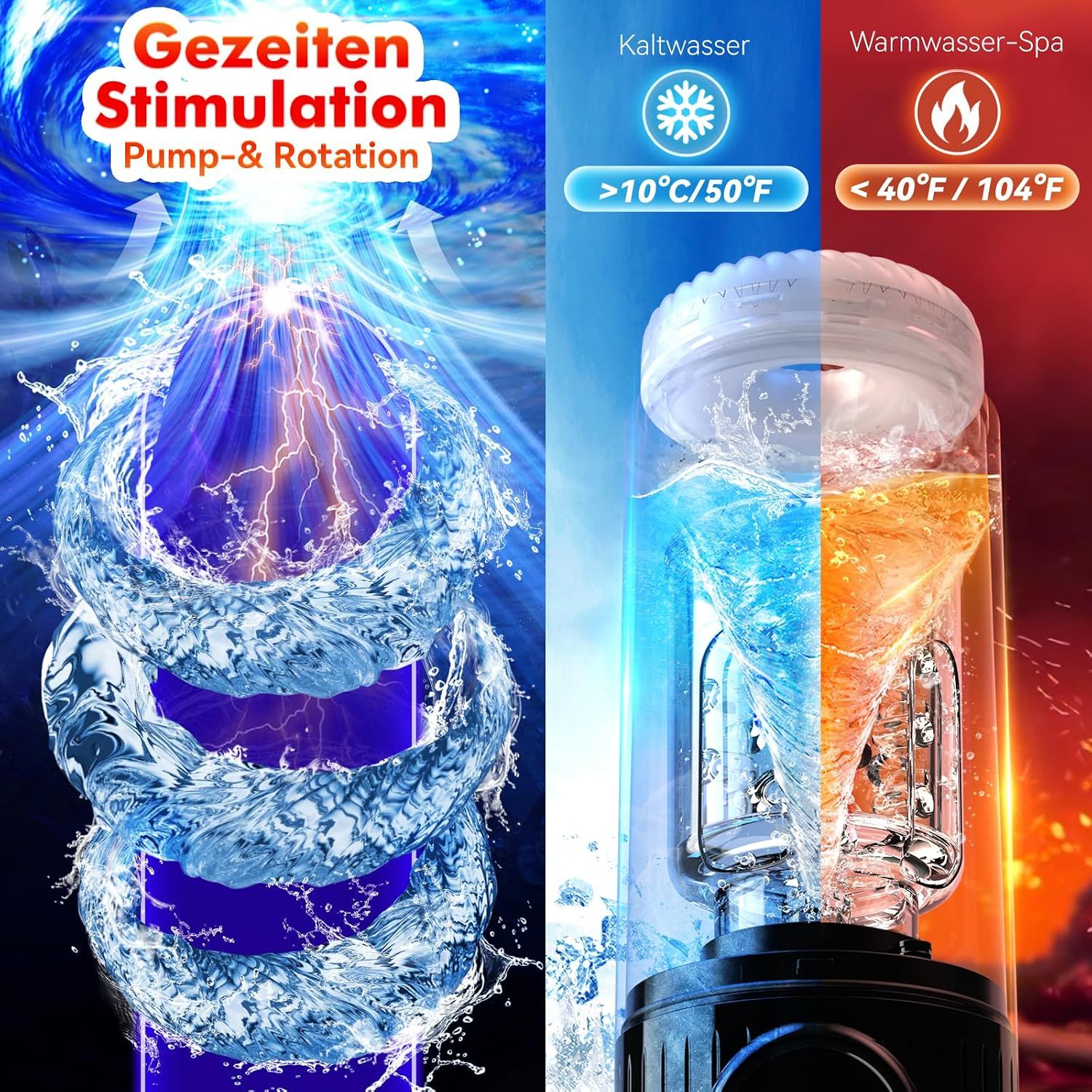 Eine geteilte Ansicht zeigt eine dynamische Stimulation mit Wasser und Blitzen. Die rechte Seite zeigt die Verwendung von kaltem und warmem Wasser im Gerät.