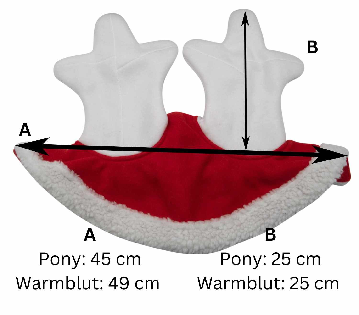 Rentiermütze mit rotem Kragen und weißen Geweihen. Maße: Pony 45x25 cm, Warmblut 49x25 cm.