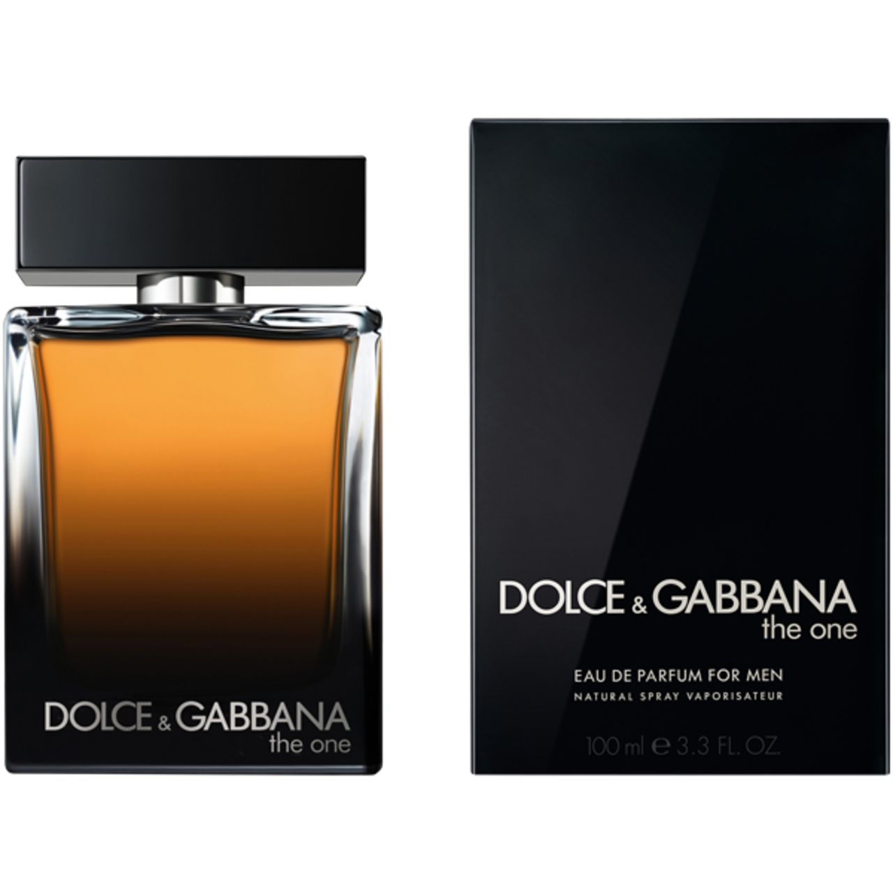 Flakon und Verpackung von Dolce & Gabbana The One For Men. Schwarzer Deckel, rechteckiger Flakon, braune Flüssigkeit. Schwarze Verpackung.