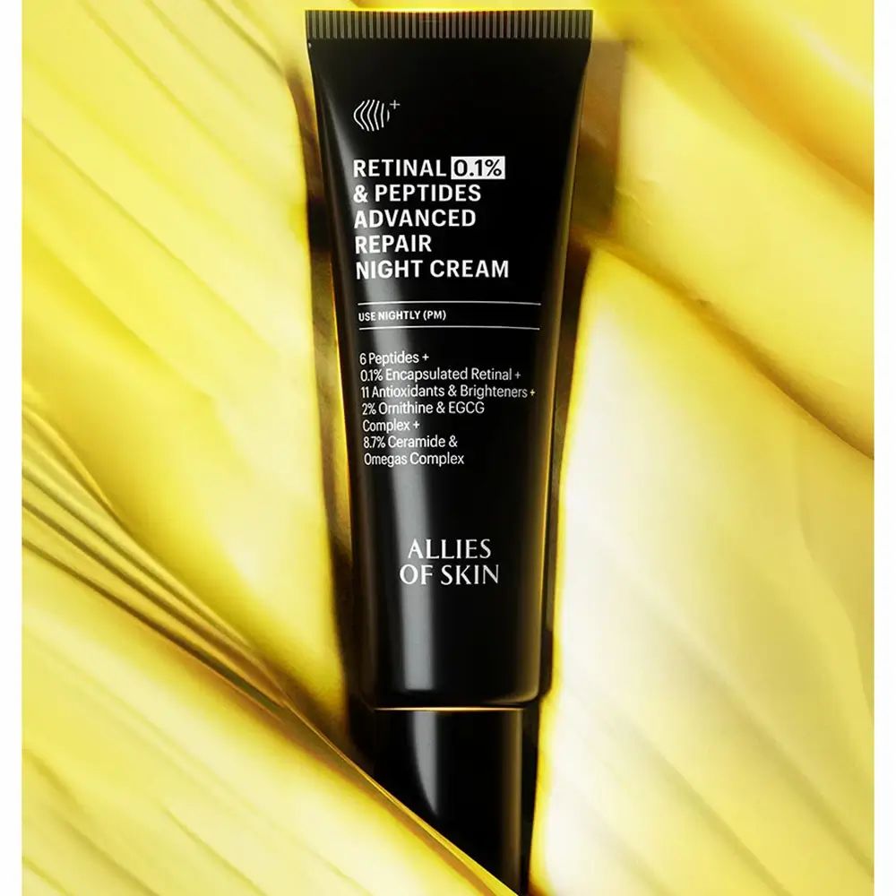 Schwarze Tube mit weißem Text. Retinal 0,1% & Peptide Advanced Repair Nachtcreme. Marke: ALLIES OF SKIN.