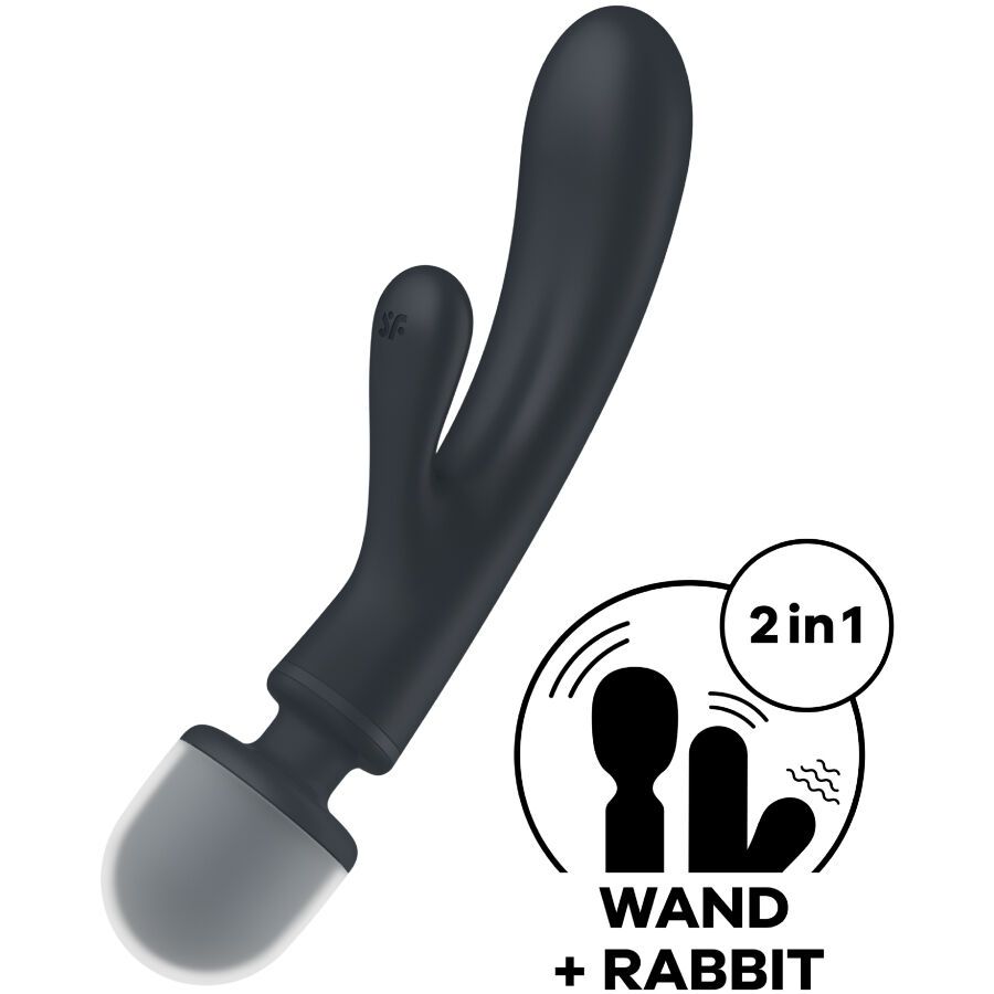 Schwarzer Vibrator mit abgerundetem Kopf, einem gebogenen Aufsatz und einem '2in1 Wand + Rabbit'-Symbol.