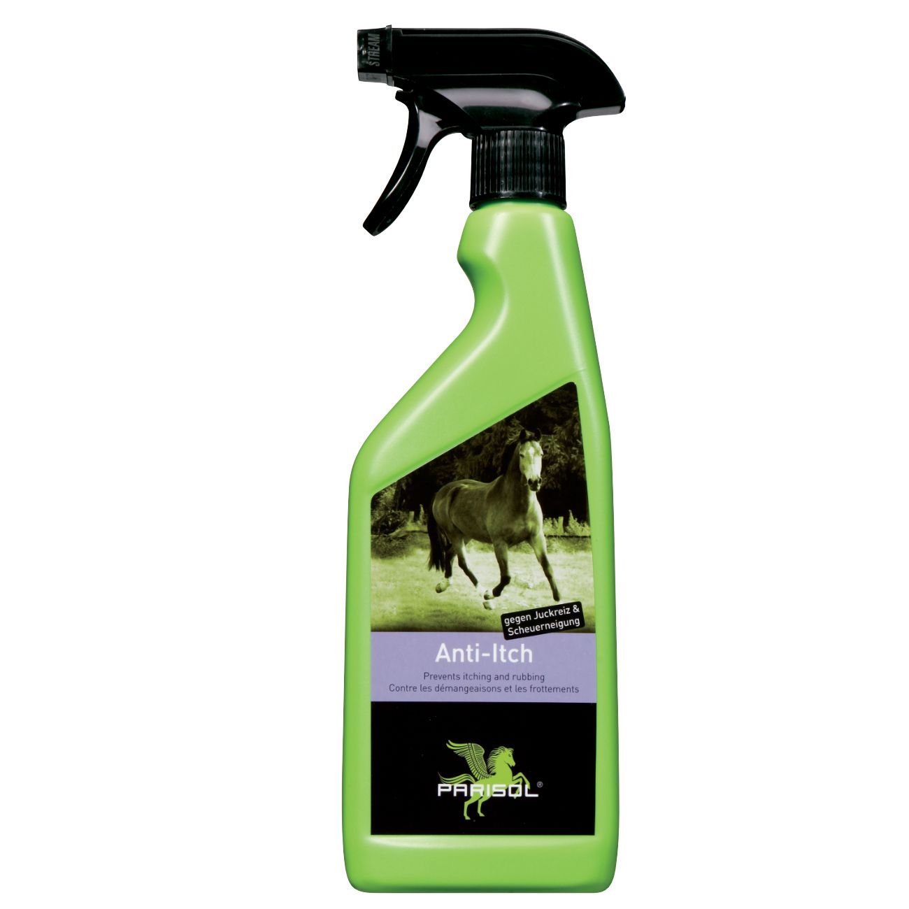Grüne Sprühflasche mit Etikett. Text: Anti-Itch, gegen Juckreiz & Scheuern. Marke: Parisol.