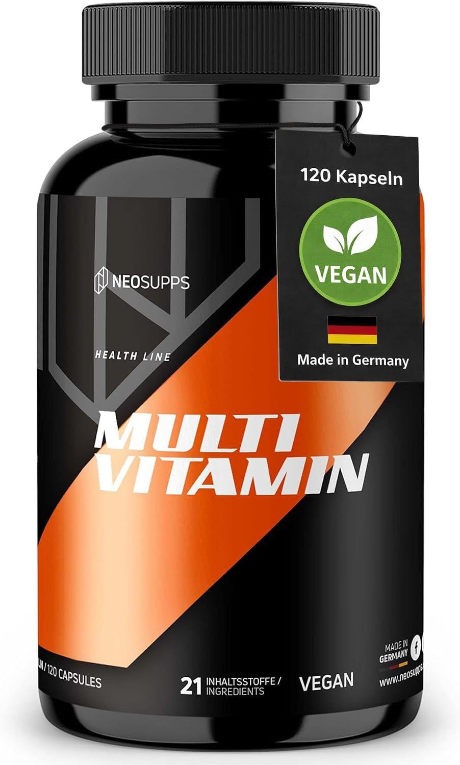 Schwarze Flasche "Multi Vitamin" mit Etikett. 120 Kapseln, 21 Inhaltsstoffe, vegan. Mit Vegan-Siegel.
