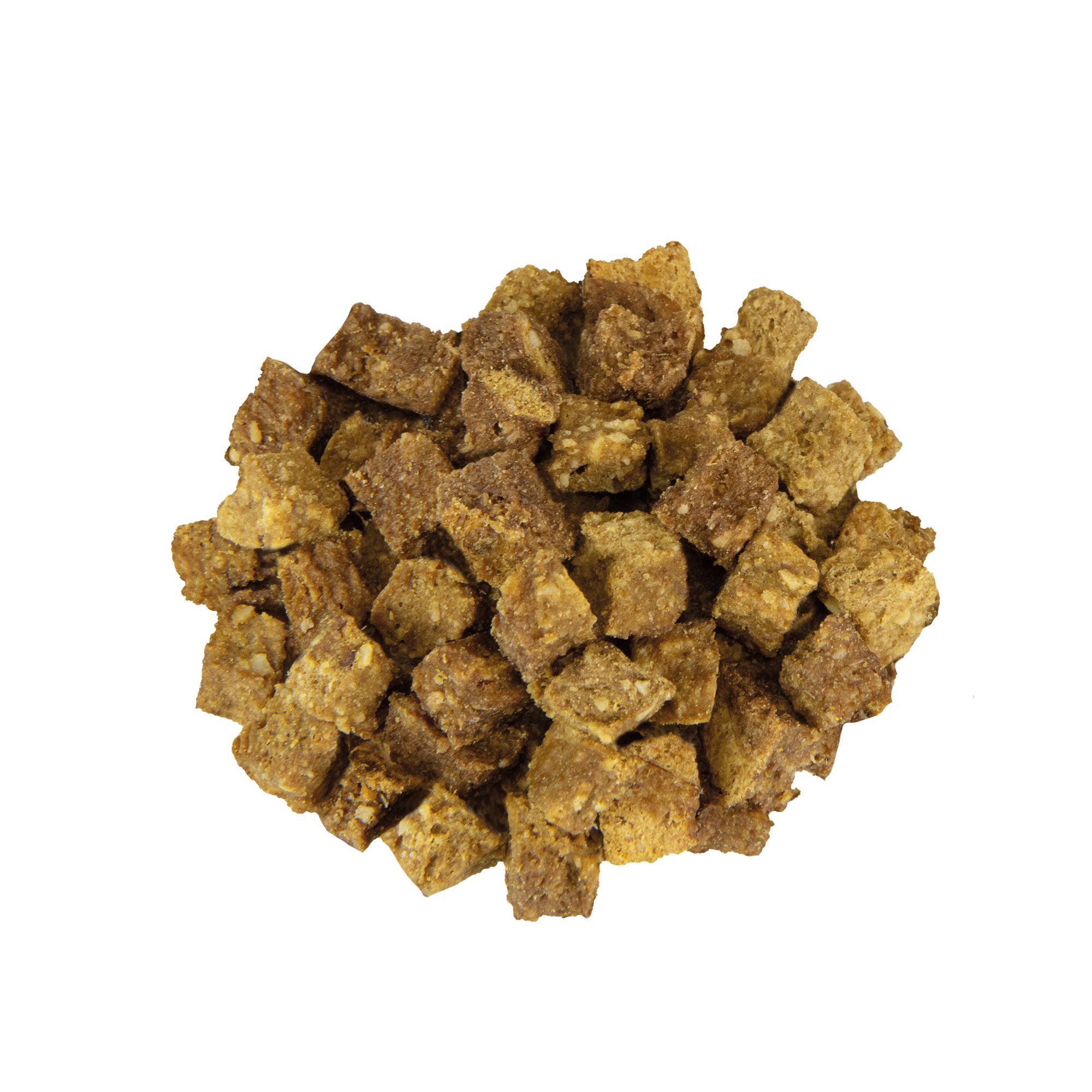 Haufen Hundesnack-Würfelchen. Eckige, braune Stücke. Keine Verpackung sichtbar.