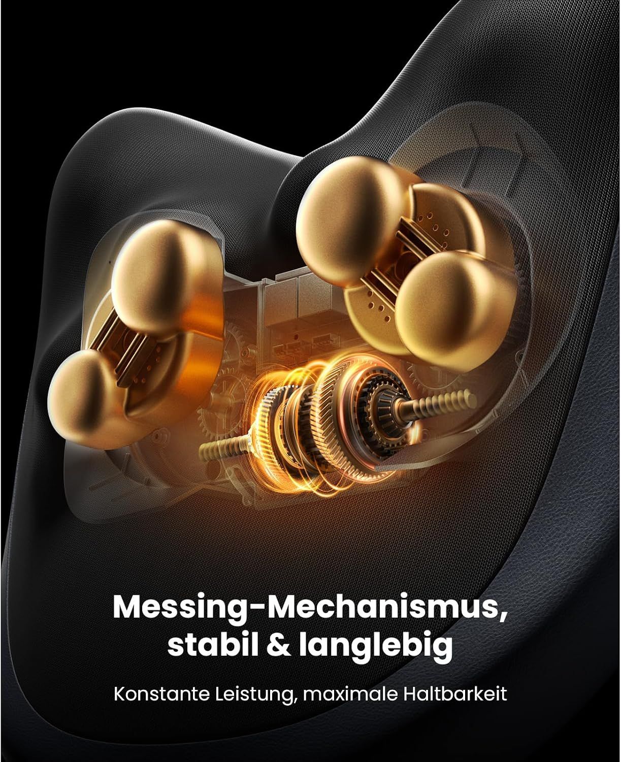 Innenleben eines Massagegeräts mit Messingmechanismus und Zahnrädern.