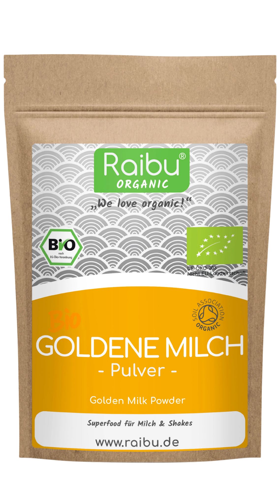 Beutel mit Goldene Milch Pulver. BIO-Zertifizierung. Marke Raibu. Aufschrift: Golden Milk Powder.