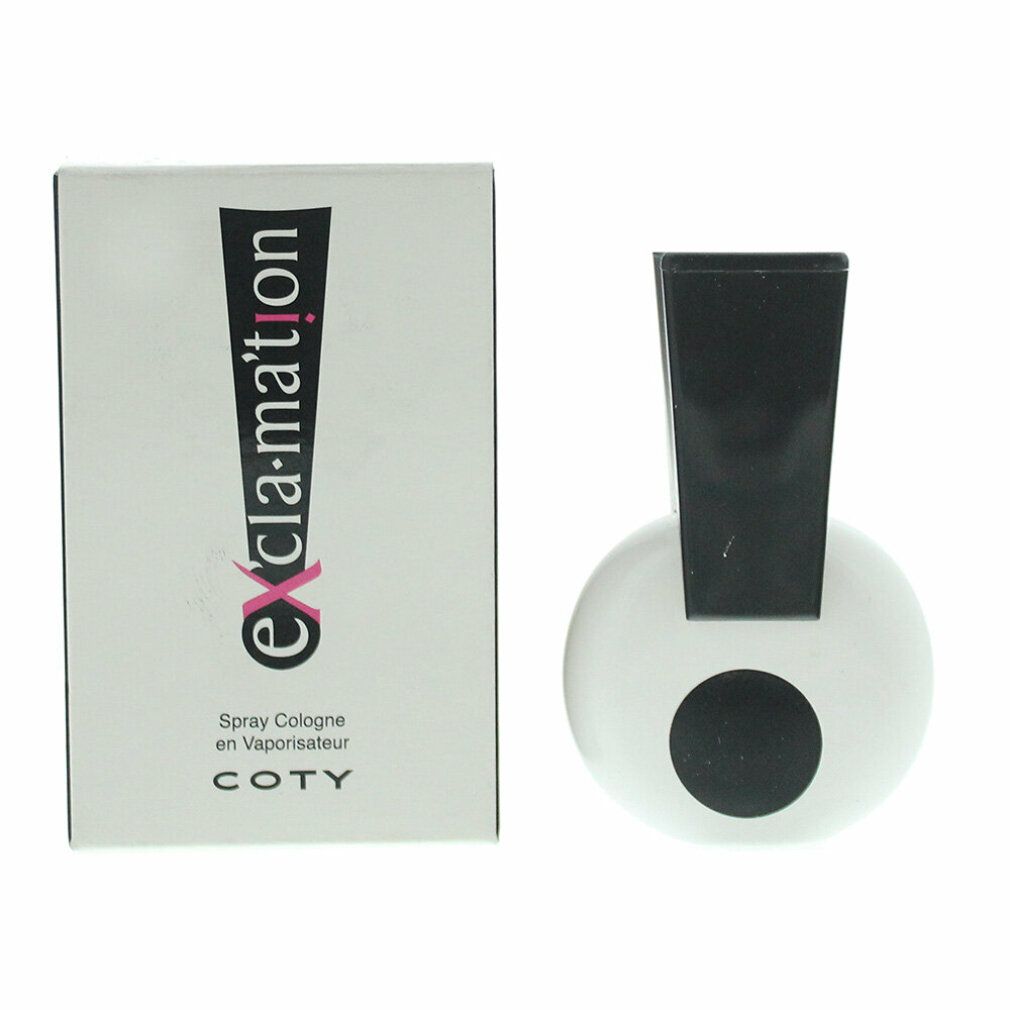 Coty Exclamation Eau de Cologne Flakon und Verpackung. Weißer Flakon mit schwarzem Verschluss. Weiße Schachtel mit Logo.