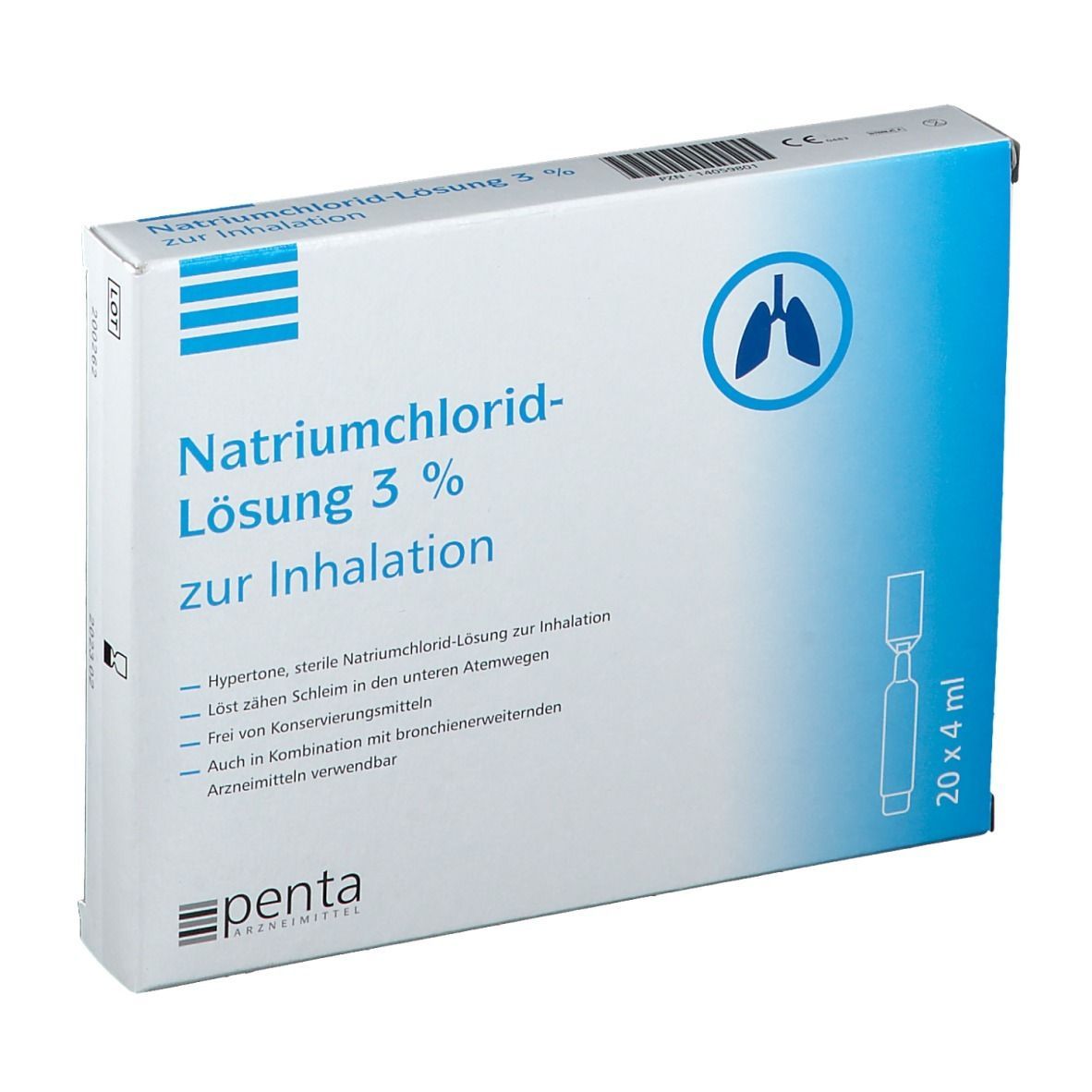 Karton mit Aufschrift Natriumchlorid-Lösung 3% zur Inhalation. Enthält Ampullen. Logo: Lunge. Marke: penta.