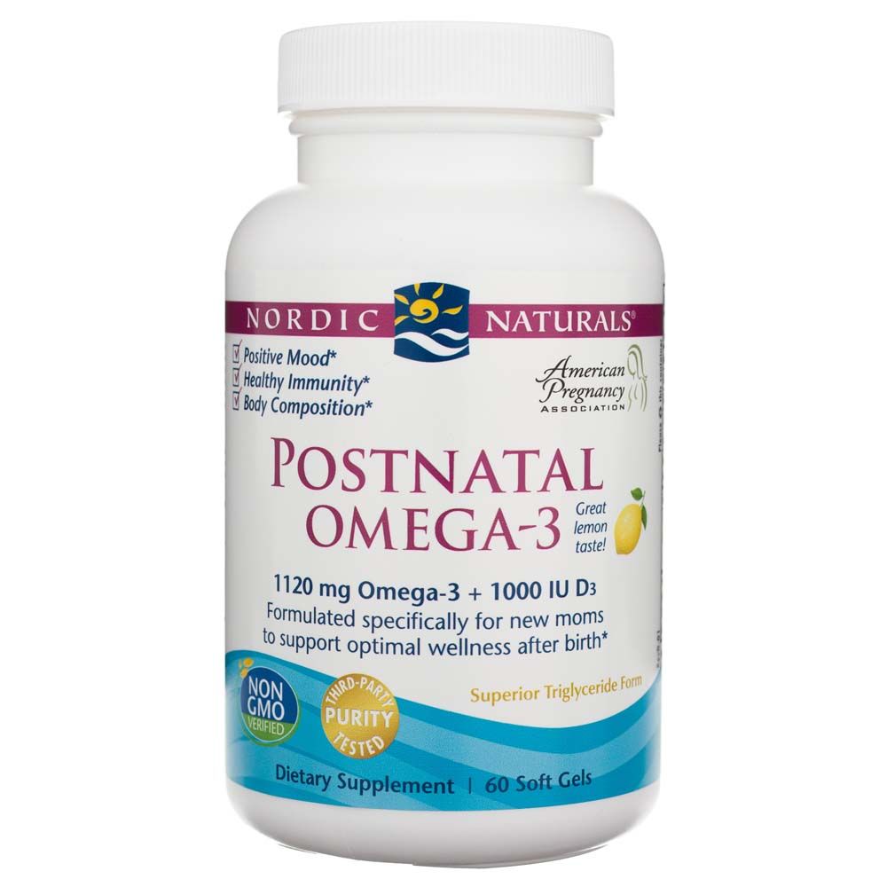 Nordic Naturals Postnatal Omega-3 Flasche: 60 Weichkapseln, mit Vitamin D3, Non-GMO, Reinheit geprüft.