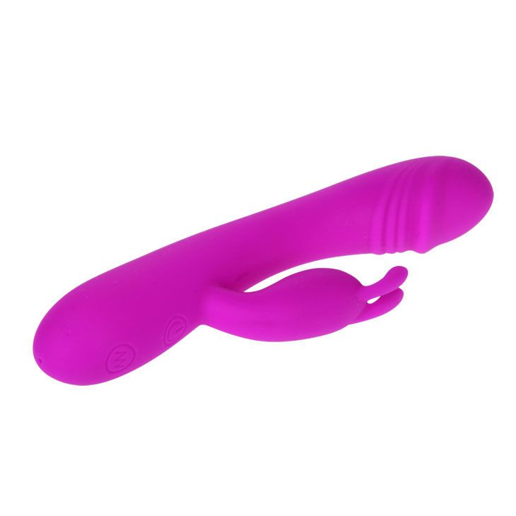 Lila Vibrator mit Kaninchenohren-Design. Längliche Form mit abgerundetem Ende und Bedienknöpfen.