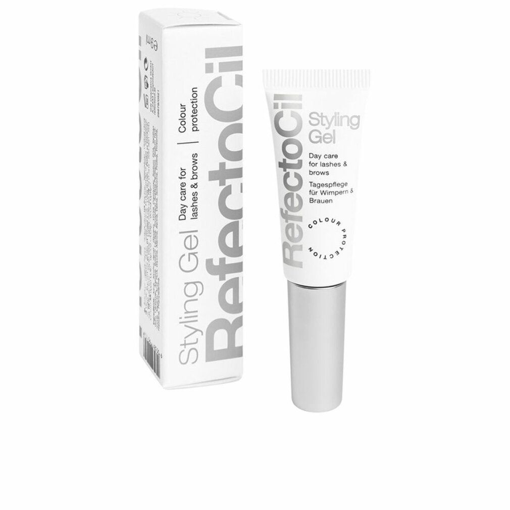 RefectoCil Styling Gel Tube und Schachtel. Tube und Schachtel mit silbernen Akzenten. Beschriftung: Styling Gel, Day care for lashes & brows.