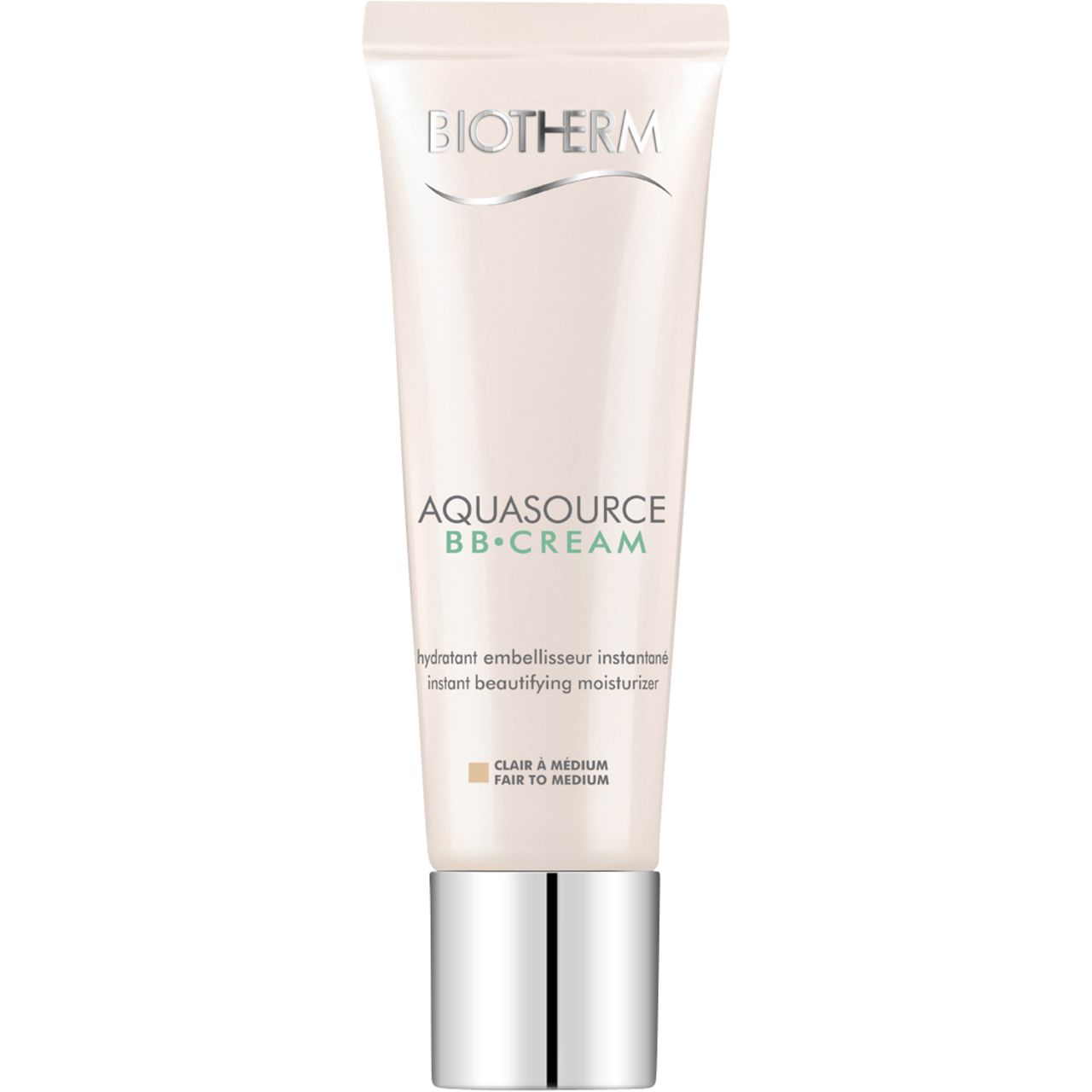 Tube mit BIOTHERM AQUASOURCE BB CREAM. Farbton Fair to Medium. Silberfarbener Verschluss. Produktbezeichnung und Logo sichtbar.