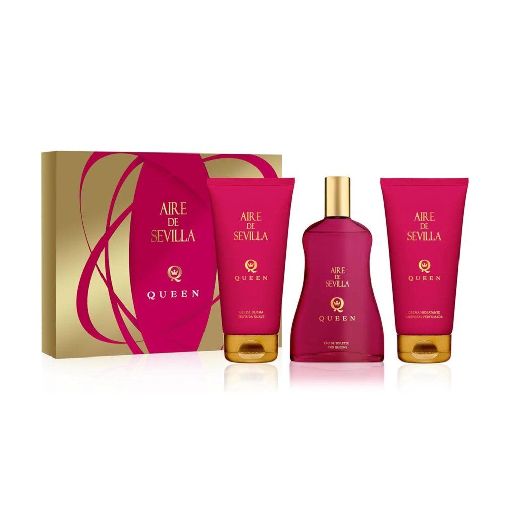 Geschenkset mit drei Produkten und einer Schachtel. Rosa Tuben und Flasche mit goldenen Akzenten. Aufschrift: Aire de Sevilla Queen.