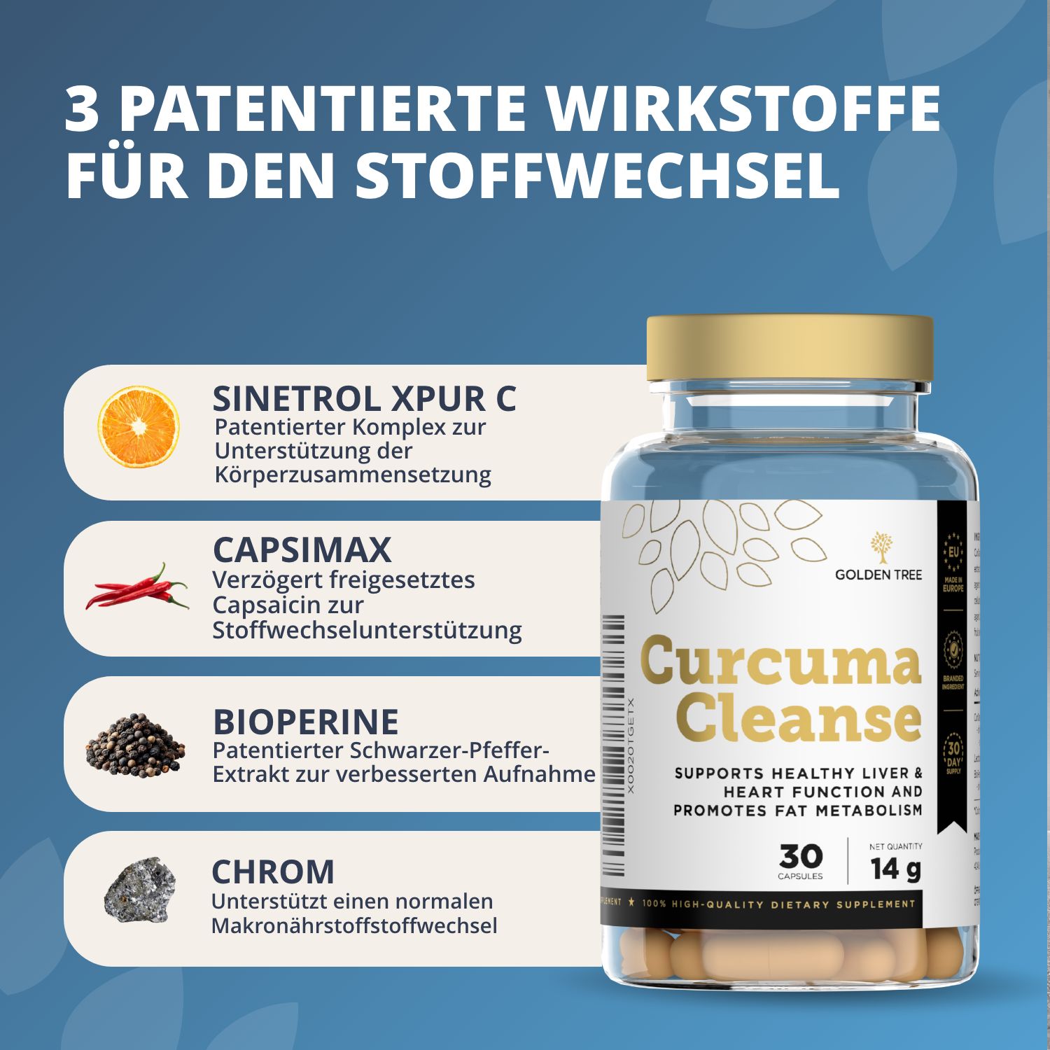 Flasche mit Curcuma Cleanse Kapseln, daneben eine Orangenscheibe und Text über Inhaltsstoffe.