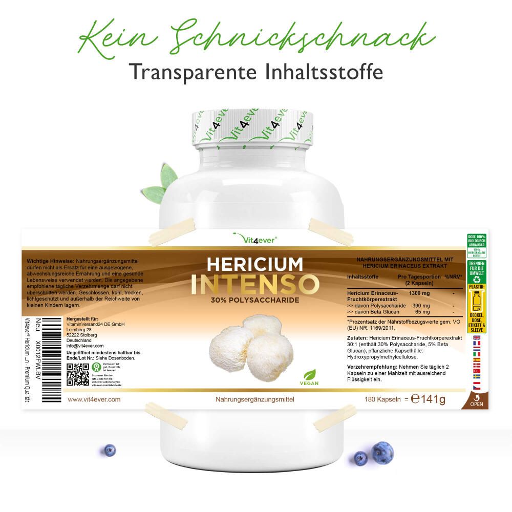 Produktflasche mit Etikett. Aufschrift: Hericium Intenso, 30% Polysaccharide. Inhaltsangaben und Vegan-Siegel.