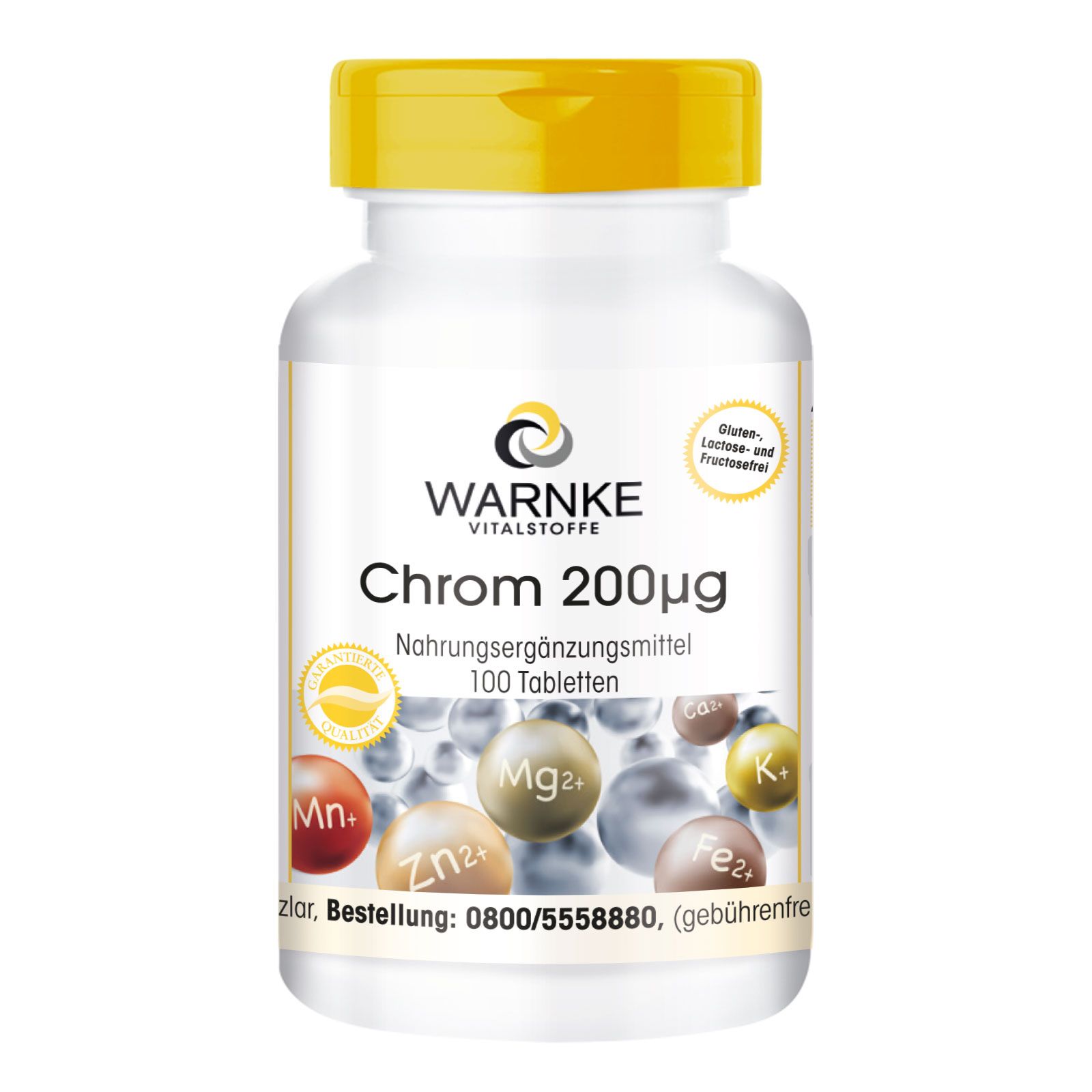 Weiße Flasche mit gelbem Deckel. Aufschrift: Warnke Vitalstoffe Chrom 200µg. 100 Tabletten. Mit Mineralien-Illustrationen.