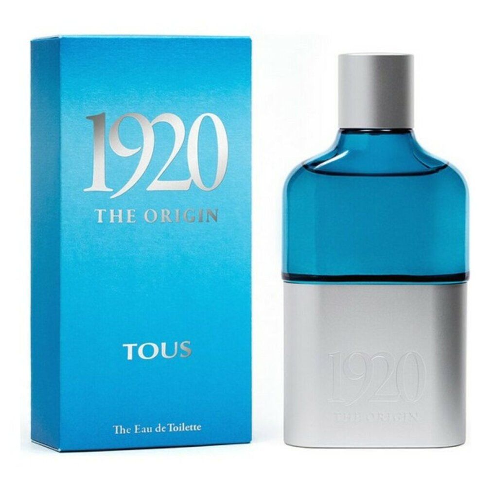 Blau-weiße Flasche und Schachtel. Auf der Schachtel steht "1920 THE ORIGIN" und "TOUS". Auf der Flasche steht "1920 THE ORIGIN".
