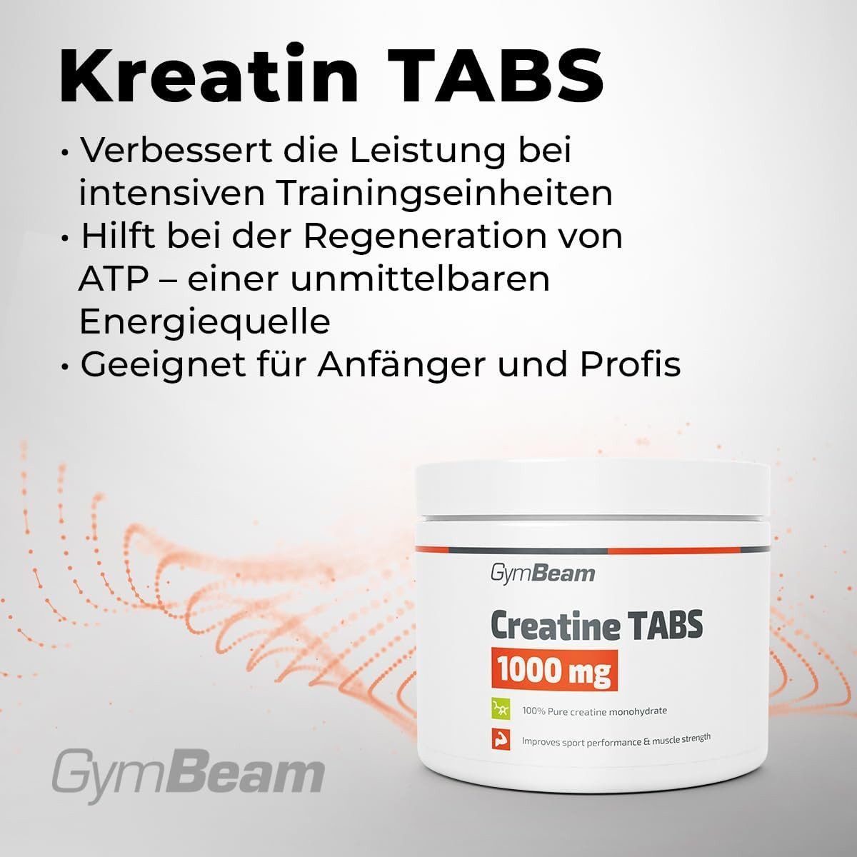 GymBeam Kreatin TABS 1000 mg Behälter mit Text und orangefarbenen Partikeln.