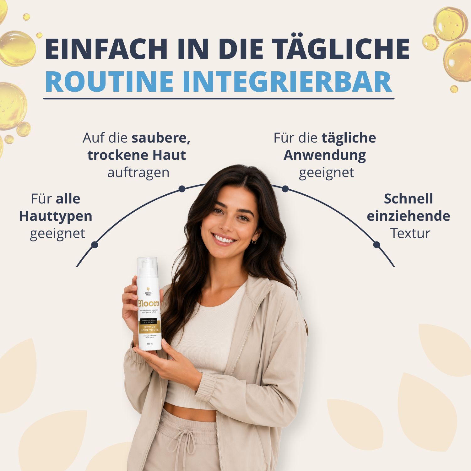 Frau hält Golden Tree Bloom Creme. Text über einfache Integration in die tägliche Routine für alle Hauttypen.
